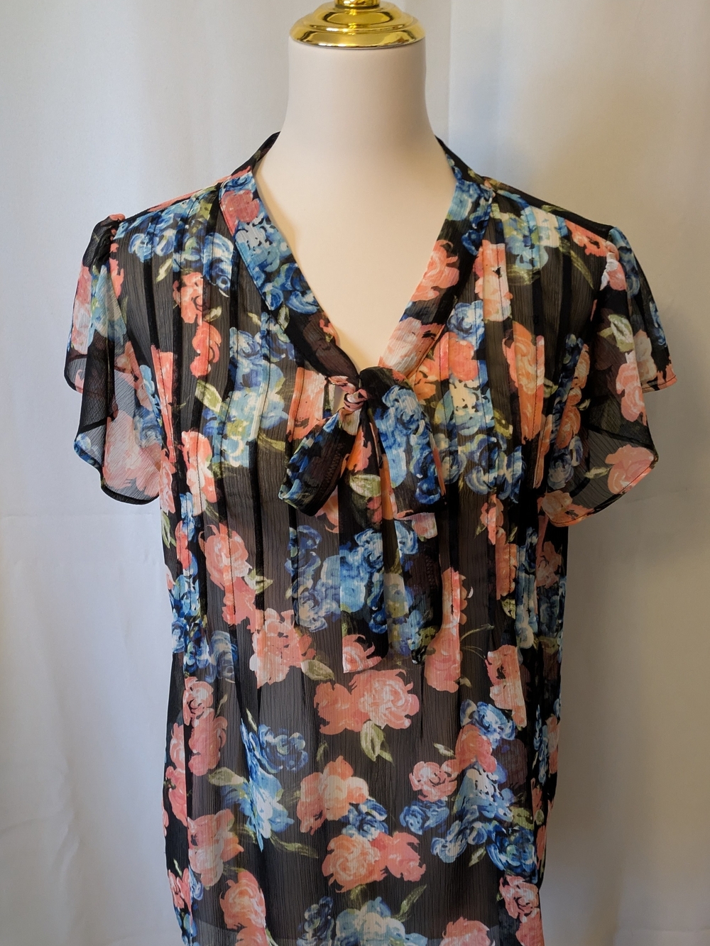 Elle Black Floral Tie-Neck Blouse with Pink & Blue Flowers